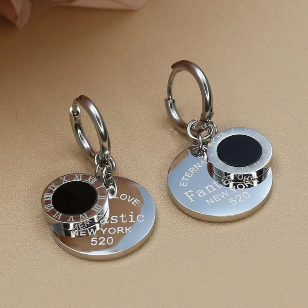 XE-193 New Roman Numeral Medallion Design FOREVER LOVE Stainless Steel Ladies' Jewellery Earrings Gift Wholesale