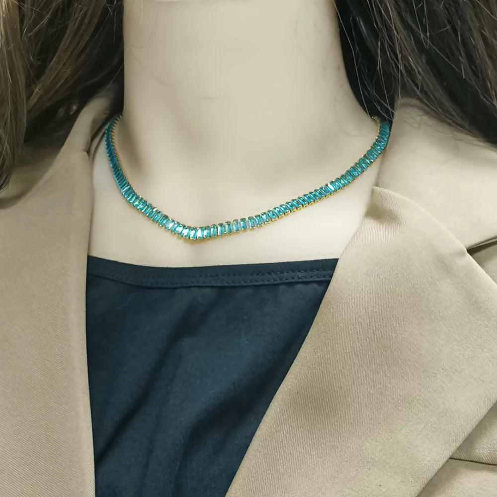 Stainless Steel Necklace Shiny Crystal White Green Cubic Zircon Choker Necklaces For Women Tennis Chain Necklace Jewelry Gift