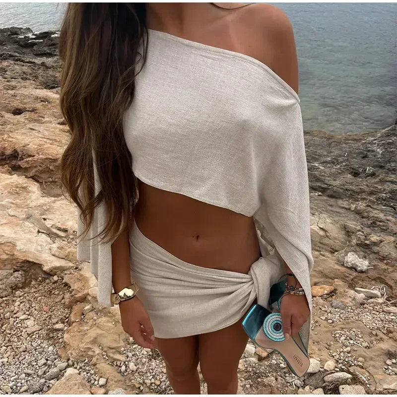 Women Solid Color Shawl Tops Mini Knot Skirt Suit Cotton Linen Comfort Skirts Set 2026 Spring Summer Lady Beach Holiday Outfit