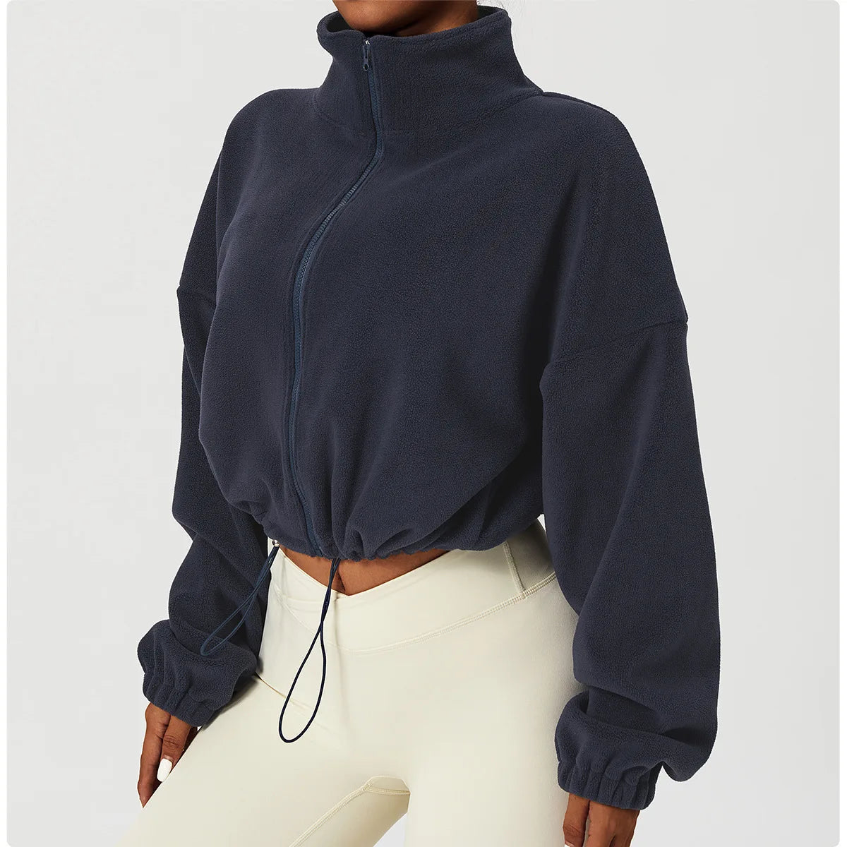Women's Polar Fleece Zip Hoodie Athletic Loose Fit Crop Top w/ Stand Collar, Thumb Holes & Drawstring Hem for Fall Winter
