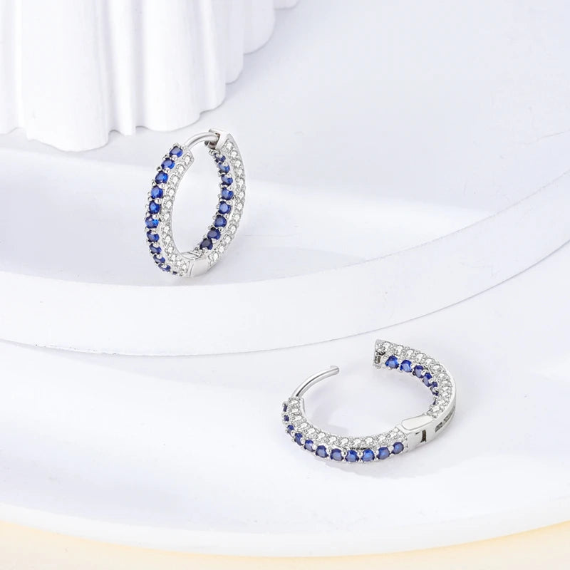 925 Sterling Silver Round Circle Hoop Earrings For Woman Wedding Engagement Party Fashion Jewelry Gift Blue Geometric Earrings