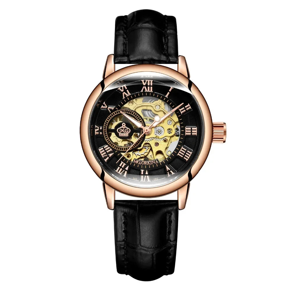 ORKINA Luxury Brand Skeleton Design Waterproof Automatic Mechanical Stainless Steel Mesh Strap Rose Gold Wrist Watch for Women