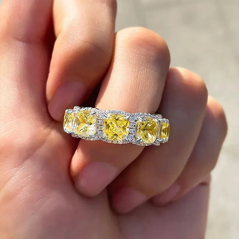 925 Sterling Silver Yellow Cubic Zirconia Women Rings Wedding Party Trendy Luxury Female Accessories Statement Jewelry