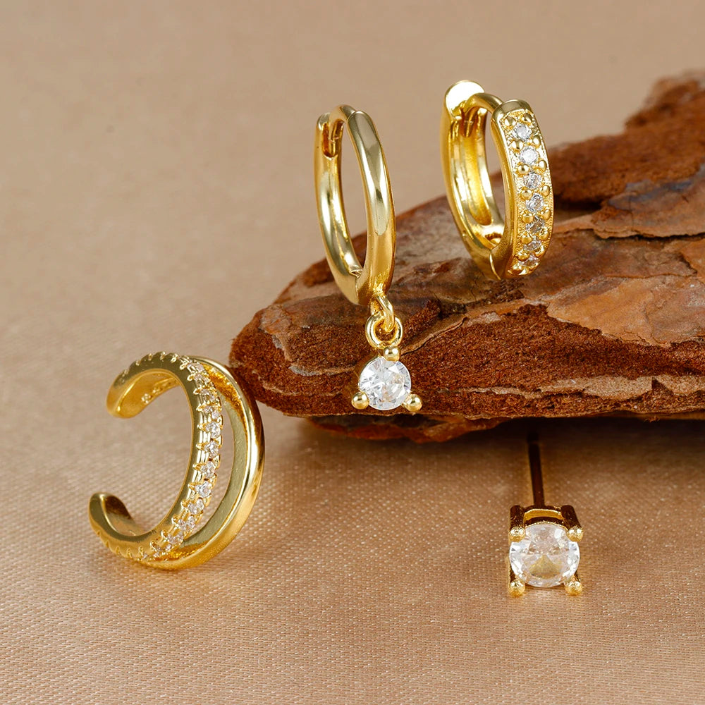 4PCS Trendy Gold Color Huggie Hoop Earrings Set for Women Tiny CZ Ear Cuff Studs Hypoallergenic Cartilage Piercing Jewelry