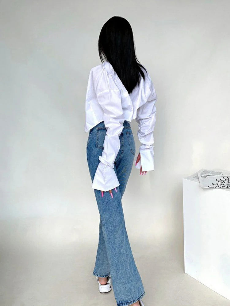 Zadily Summer 2025 Korean Style Long Sleeve White Shirt Sexy Button Detail Crop Top Women's Streetwear Blouse Female Clothing