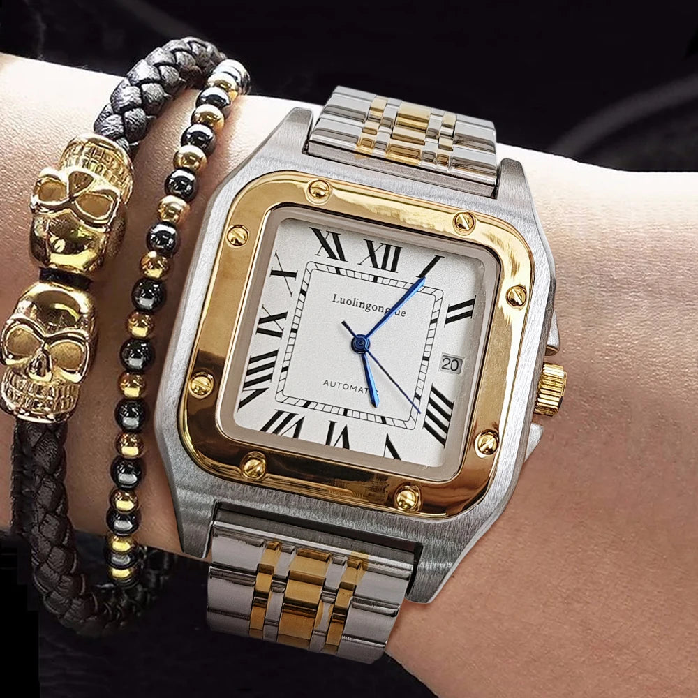New Genuine High-Quality Square Men's Mechanical Watch, Automatic Winding, Skeleton Design, Stainless Steel Strap, with Calendar Display, European and American Style Tank Series, Fashionable Business Casual Stylish Handsome S