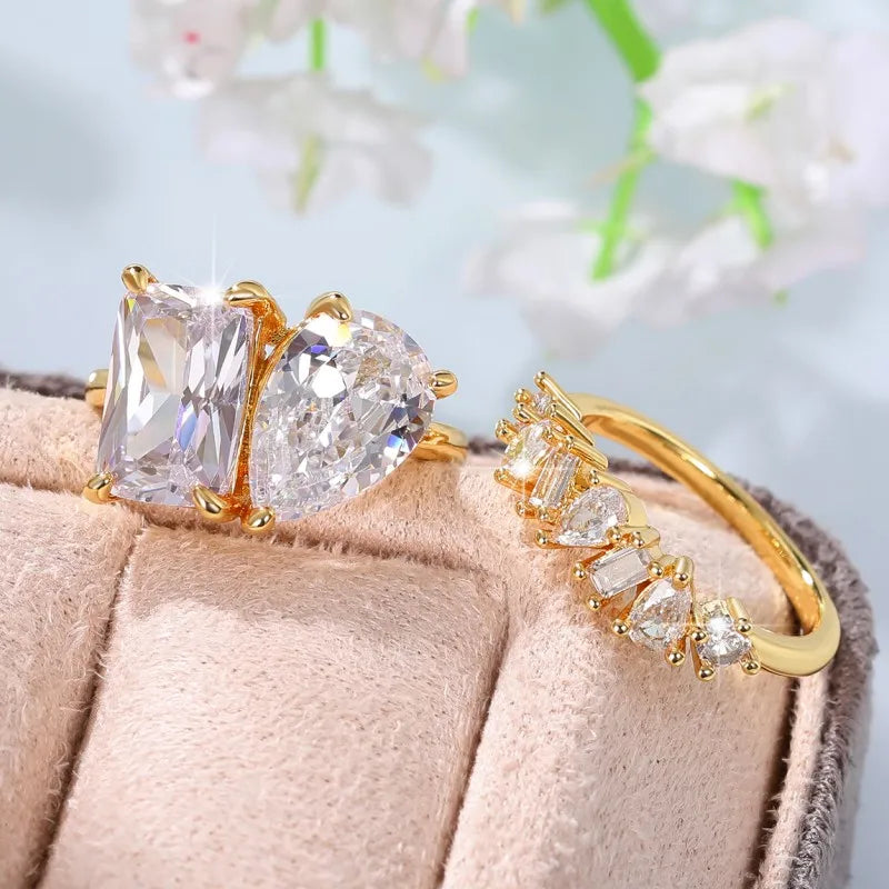 Huitan Waterdrop Rectangle Cubic Zircon Set Rings for Women Gold Color 2023 New Wedding Party Accessories Fashion Female Jewelry