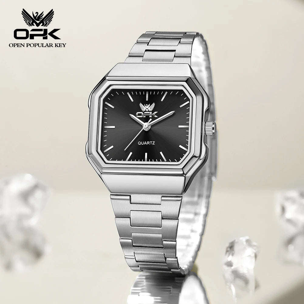 OPK 6080 Classic Fashion Ladies Quartz Watch Retro Square Dial Adjustable Strap Stainless Steel 30m Waterproof Watch For Women