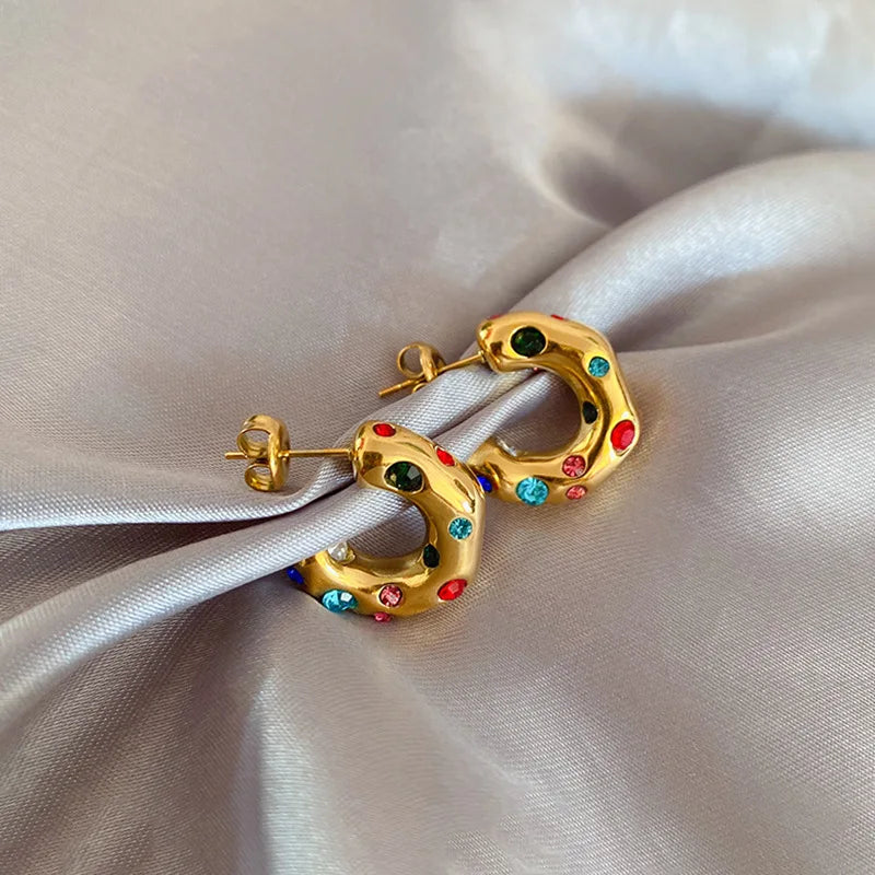 ZAKOL Y2K Trendy U Shape Stainless Steel Round Earrings For Women Girls Gold Color Imitation Pearl Crystal Ears Jewelry Gifts