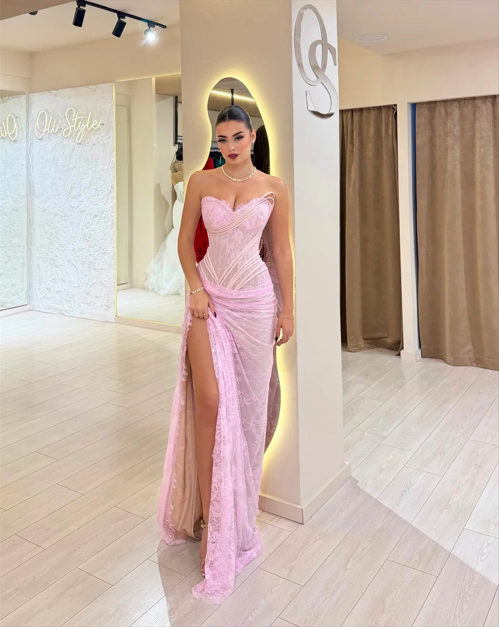 Cathy Customized Pink Floral Lace Mermaid Prom Dress Side High Slit Sleeveless vestidos de noiva Floor-length Evening Dresses