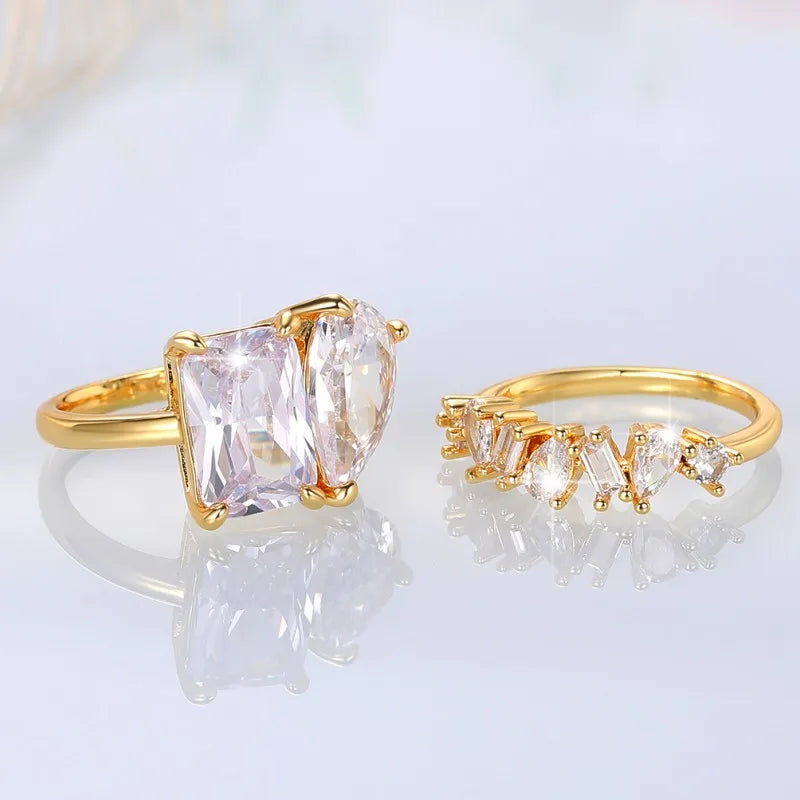 Huitan Waterdrop Rectangle Cubic Zircon Set Rings for Women Gold Color 2023 New Wedding Party Accessories Fashion Female Jewelry