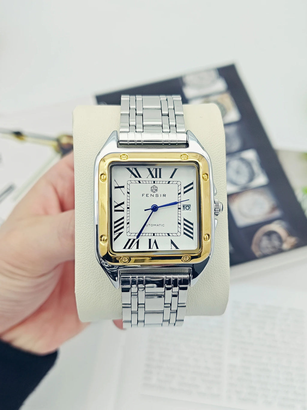 Luxury Santos Tank Watch for Men, Calendar Display, Stainless Steel Strap, High-End Luxury Small Square Men's Watch, Fashionable Business Casual Versatile Trendy Men's Wristwatch, the Best Gift for Him