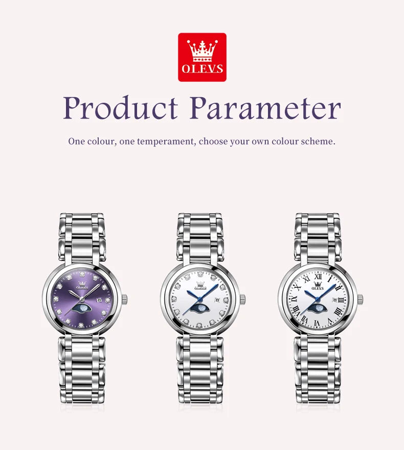 OLEVS Diamond Time Purple Moon Phase Dial Women Watches Luxury Brand New Fashion Women Quartz Watch Steel Waterproof Dress Watch