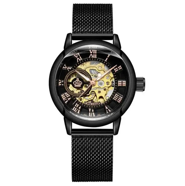 ORKINA Luxury Brand Skeleton Design Waterproof Automatic Mechanical Stainless Steel Mesh Strap Rose Gold Wrist Watch for Women