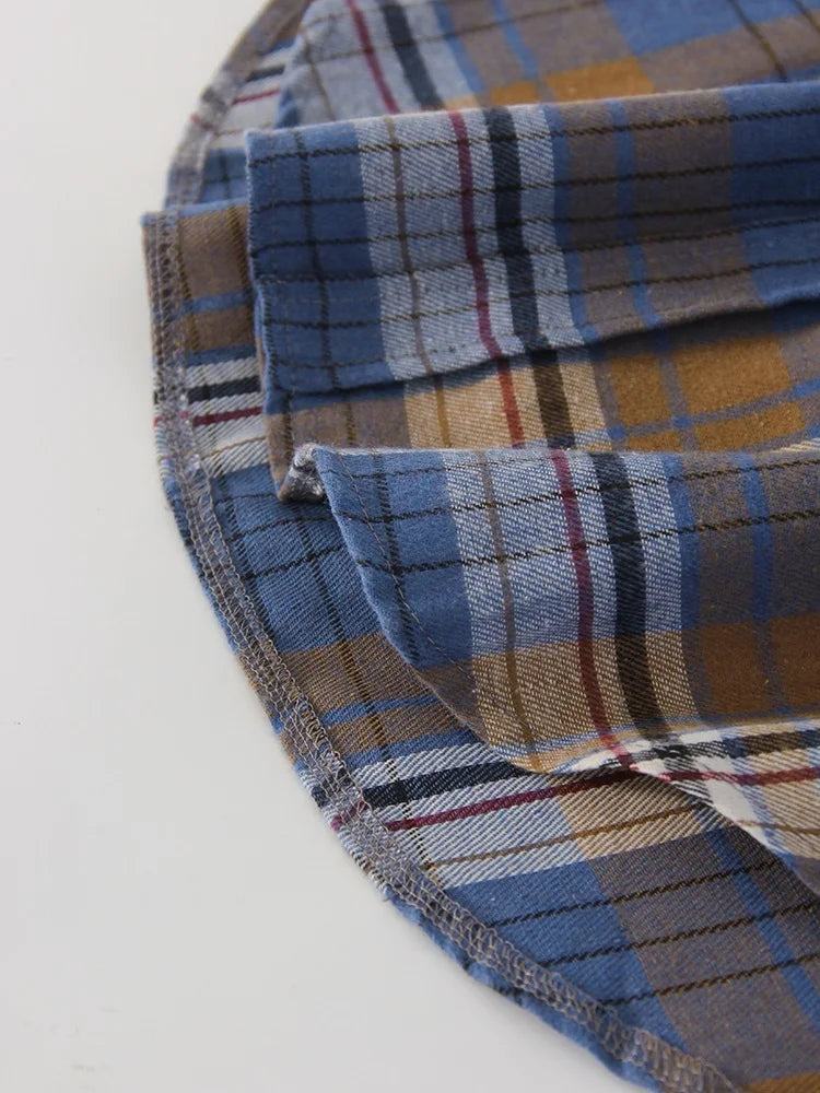 Streamgirl Oversized Plaid Shirt Women 2026 Spring Loose Vintage Long Shirts Full Sleeve Women Plaid Brown Oversized Shirt Blue