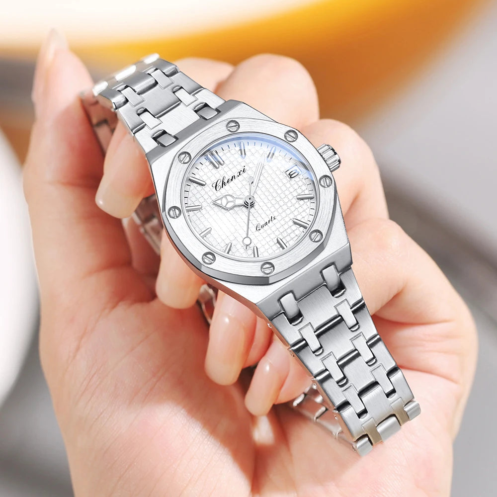 CHENXI Solid Steel Strip Women's Watches Ladies Casual Fashion Small Grid Dial Quartz Wristwatch for Girl Waterproof Luminous