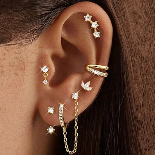 6PCS Huggie Hoop Earring Set For Women Fashion Chain Stud Earrings Tragus Piercing Girls Cartilage Helix Jewelry Lobe Earing Lot