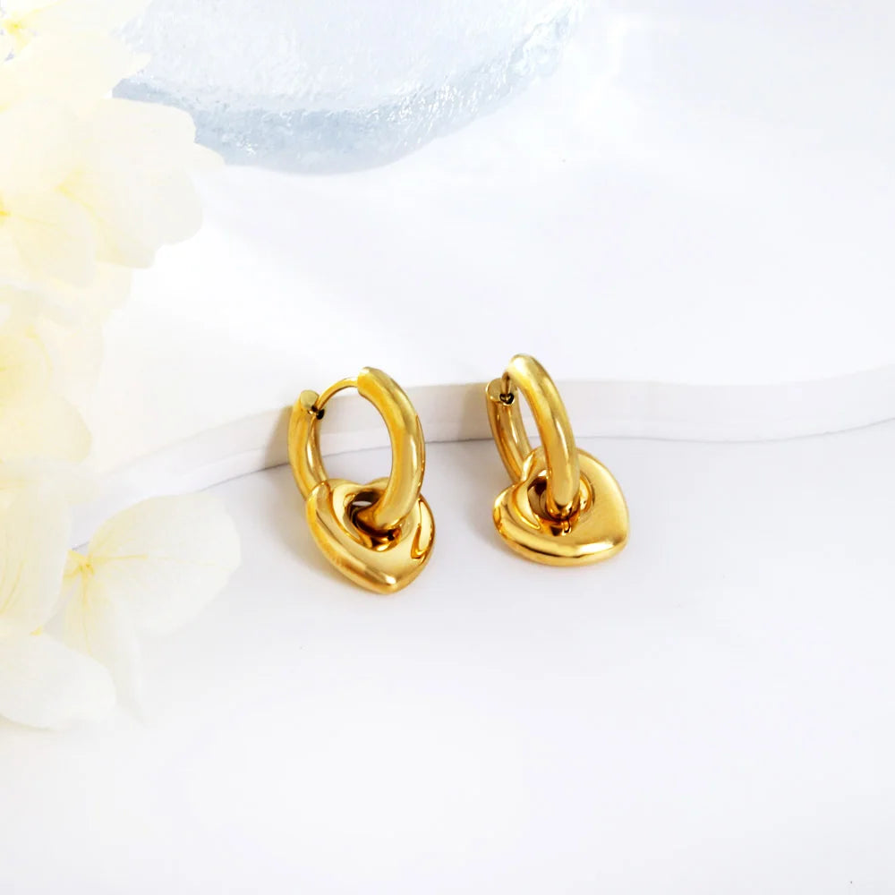 LUXUSTEEL Heart Pendant Huggie Earrings For Women Golden Plated Stainless Steel Hoops With Charm Drop Earrings Korea Jewelry
