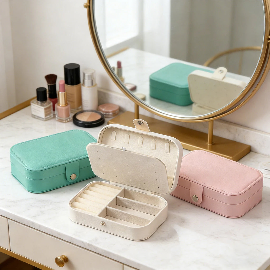 Portable multi-compartment jewelry box with velvet lining - travel-friendly pink accessory storage box