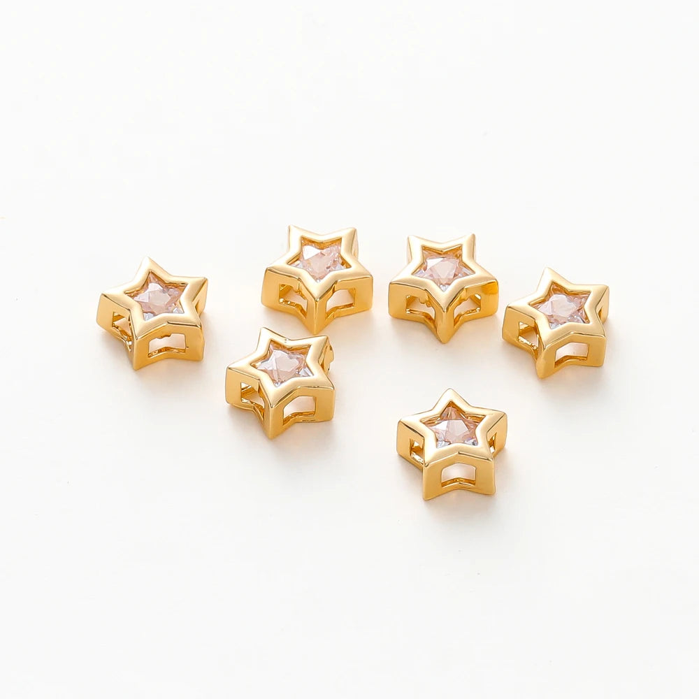 2/4/6pcs 18K Gold Plated Rhinestone Heart Pentagram Beads Brass Metal Cubic Zirconia Spacer Beads DIY Jewelry Making Accessories
