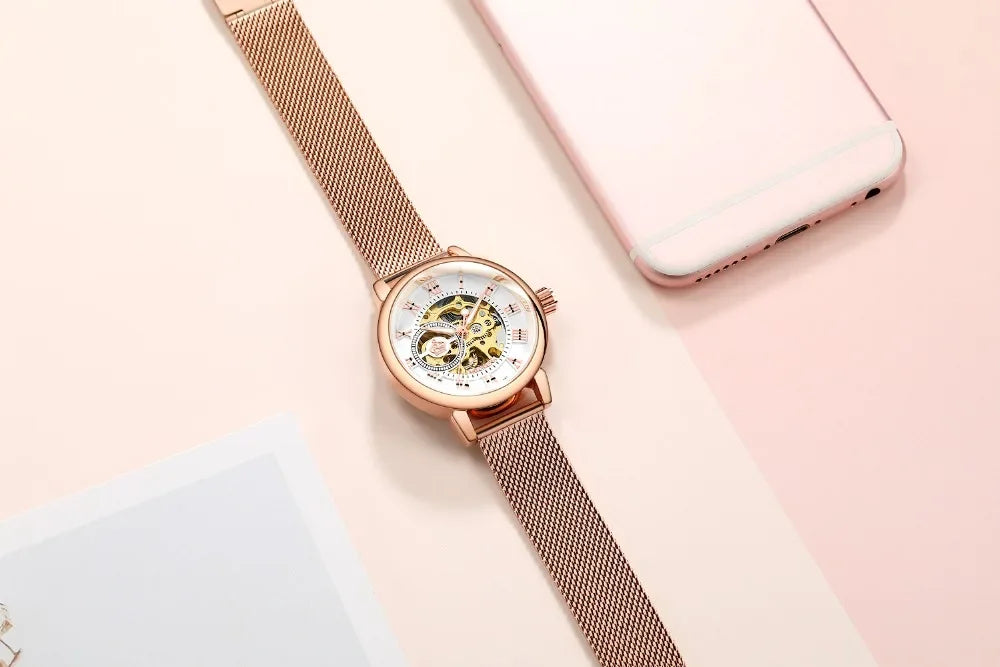 ORKINA Luxury Brand Skeleton Design Waterproof Automatic Mechanical Stainless Steel Mesh Strap Rose Gold Wrist Watch for Women
