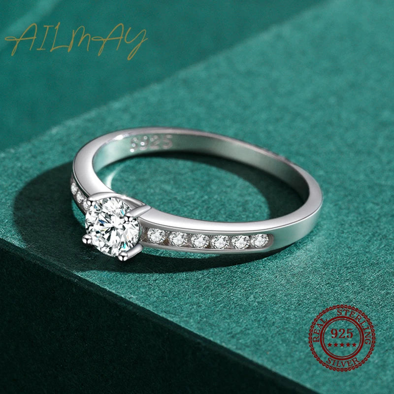 Ailmay Authentic 925 Sterling Silver Classic Simple Round Shape High Quality CZ Rings For Women Wedding Statement Jewelry Gift