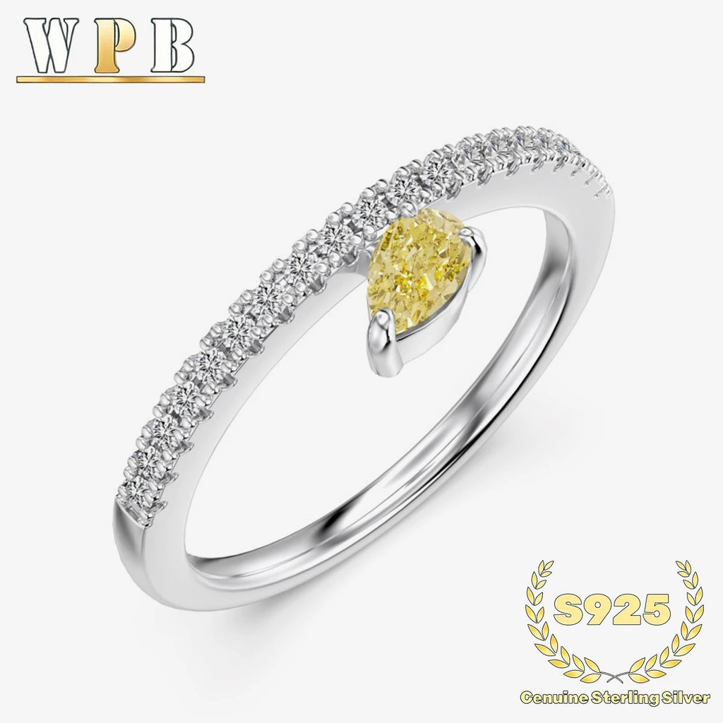Genuine S925 Sterling Silver Ring with 8A Yellow Pear Radiant Cut Zircon&Sparkling Stone Band Elegant Contrast Jewelry for Women