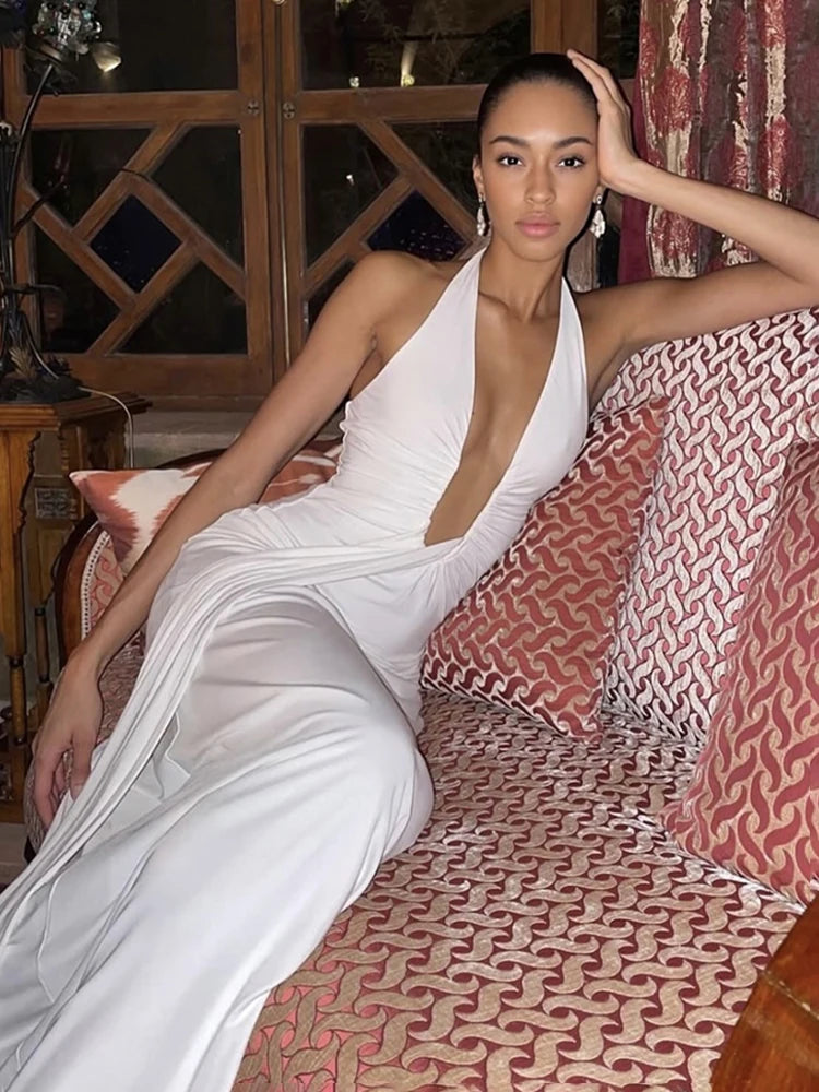 Deep V Neck Halter Long Dress Female Elegant Ruched Ribbon Splice Summer New Vacation Dress Sexy Slim Sleeveless Party Vestido