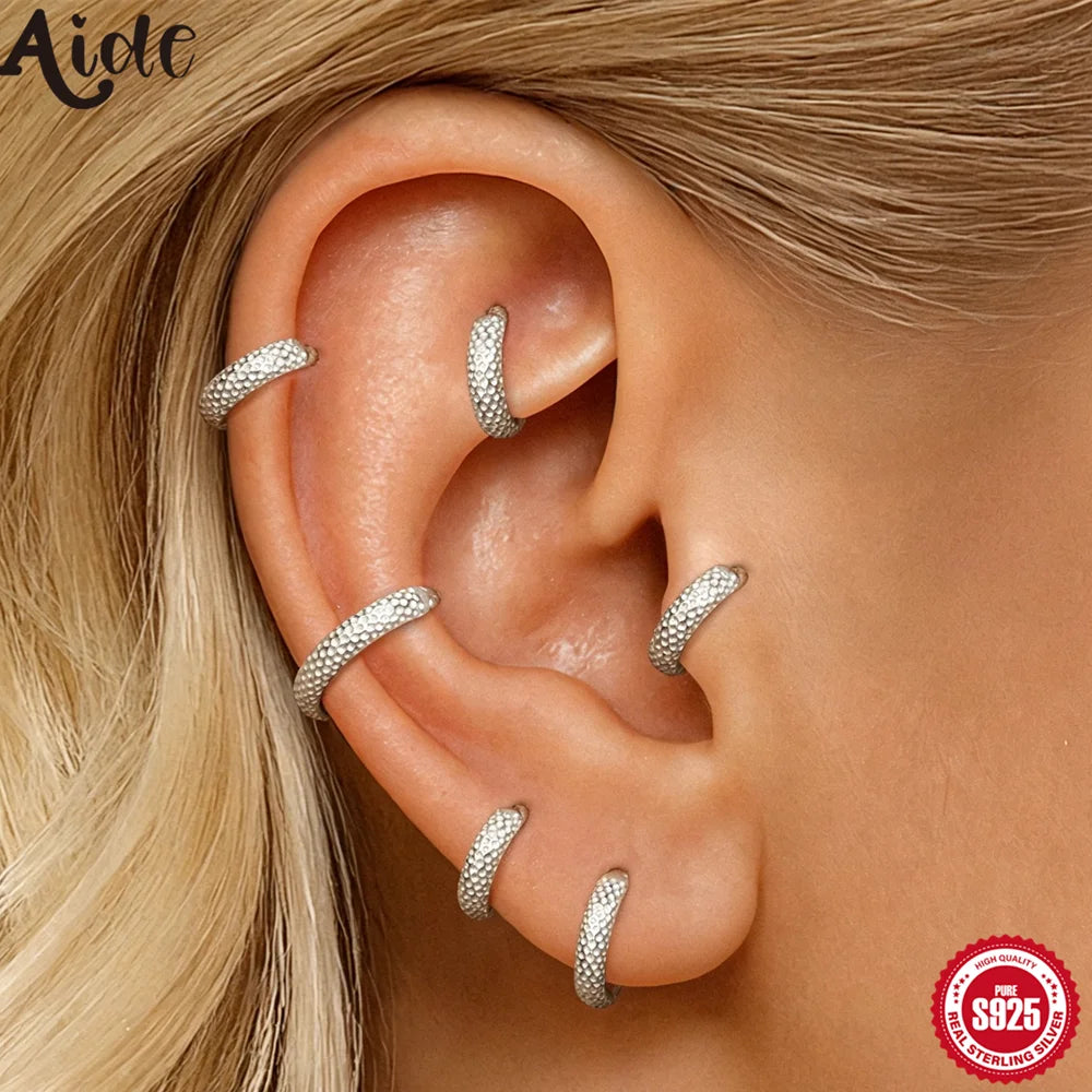 Aide 1pc 925 Sterling Silver Hammered Huggie Hoop Earring 6/8/10mm Textured Clicker Cartilage Hoop for Women Trendy Ear Stacking