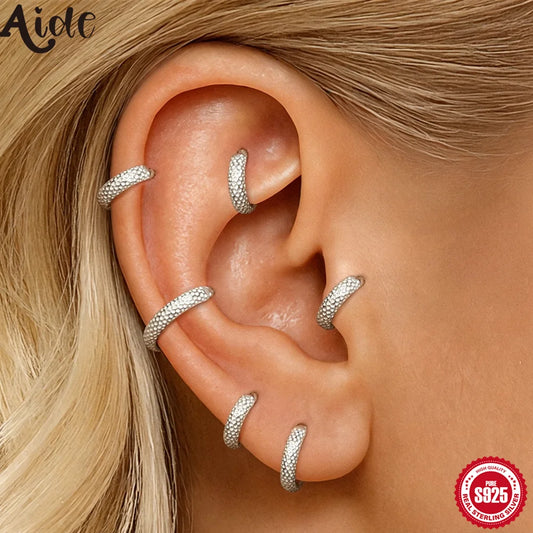 Aide 1pc 925 Sterling Silver Hammered Huggie Hoop Earring 6/8/10mm Textured Clicker Cartilage Hoop for Women Trendy Ear Stacking