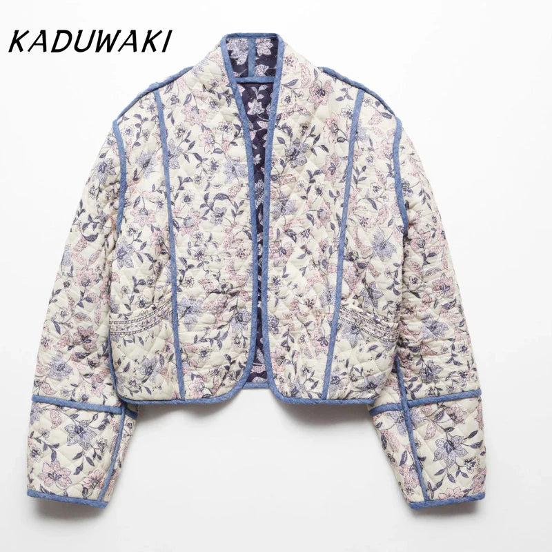 KADUWAKI Fashion Retro Stand-up Collar Long-sleeved Printed Two-sided Wear Quilted Short Cotton Jacket Classic Casual Streetwear