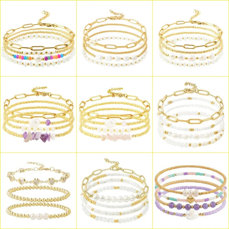 Dainty Gold Pearl Crystal Beaded Bracelets Set for Women 14K Real Gold Plated Stackable Paperclip Link Chain Bracelets Jewelry
