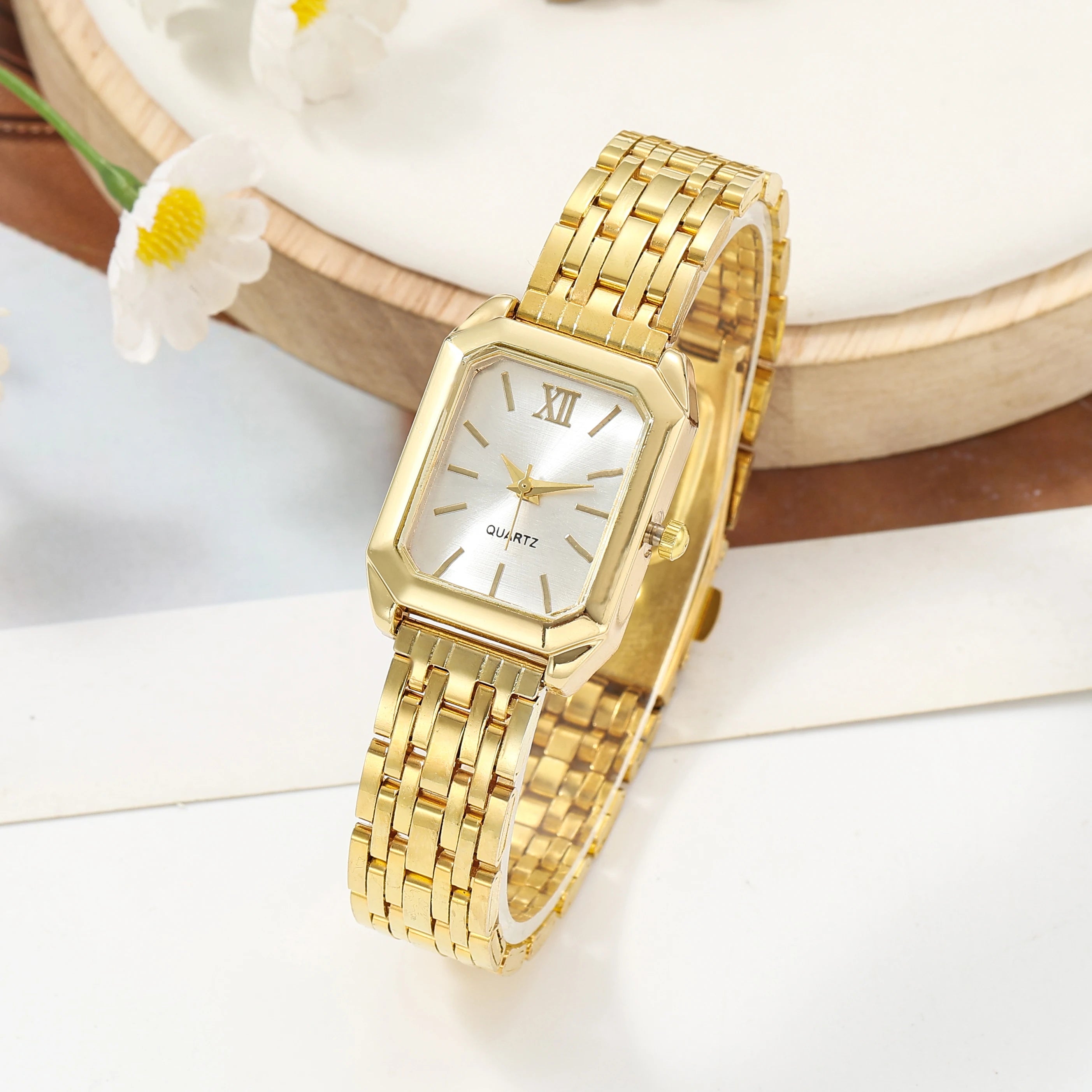 Versatile and Simple Women's Square Ins-Style Steel Band Quartz Watch, Stylish and Elegant Bracelet Watch Set