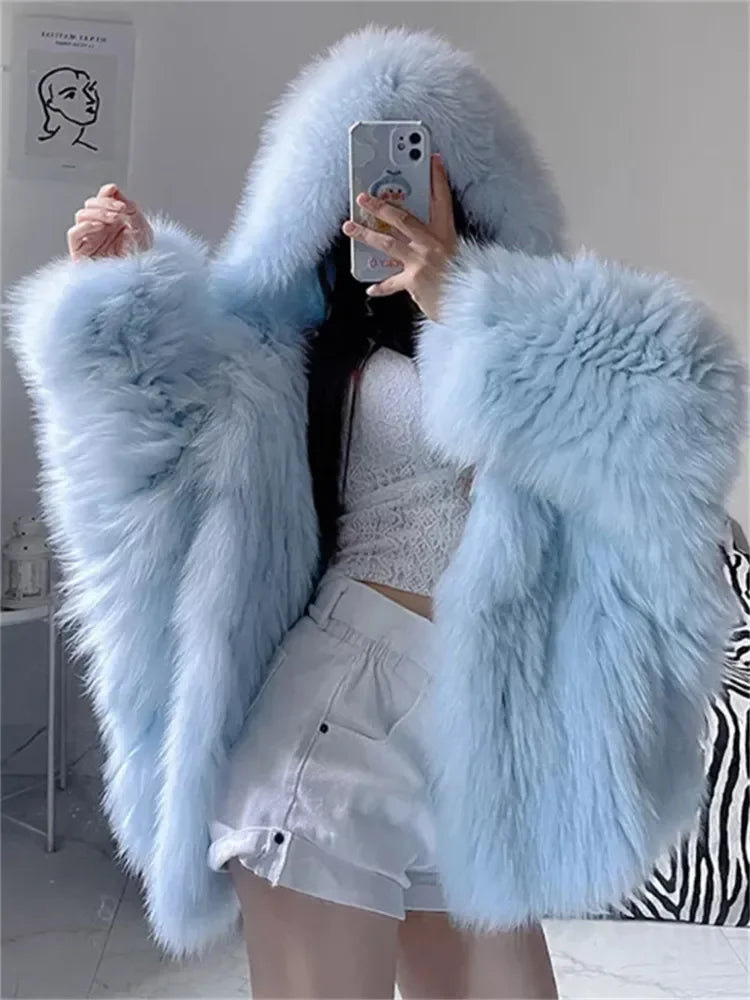 ZXRYXGS Elegant Temperament Hooded Coat Women's Clothing Imitation Fox Fur Coat 2025 New Autumn Winter Jackets Black White