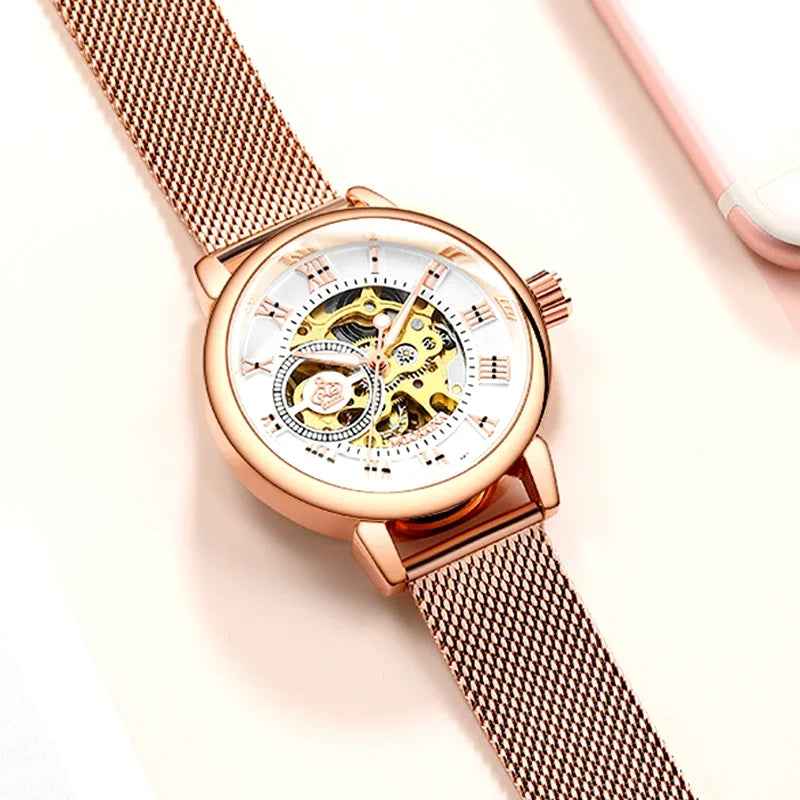 ORKINA Luxury Brand Skeleton Design Waterproof Automatic Mechanical Stainless Steel Mesh Strap Rose Gold Wrist Watch for Women