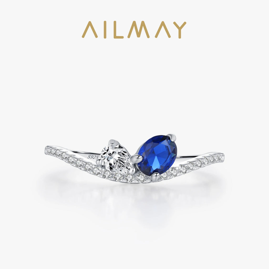 Ailmay 925 Sterling Silver Sparkling Blue White Finger Ring For Women Girls Party Fashion Stackable Fine Jewelry