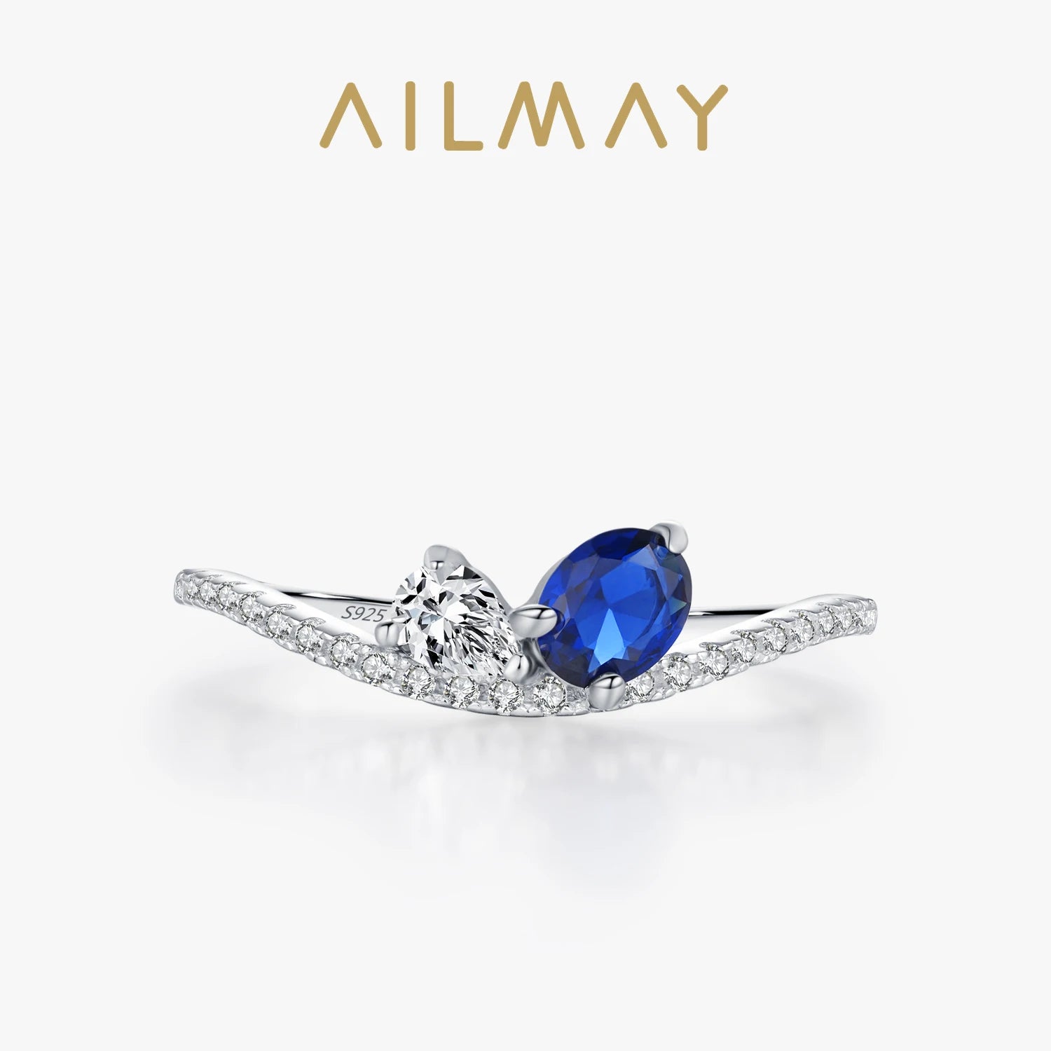 Ailmay 925 Sterling Silver Sparkling Blue White Finger Ring For Women Girls Party Fashion Stackable Fine Jewelry