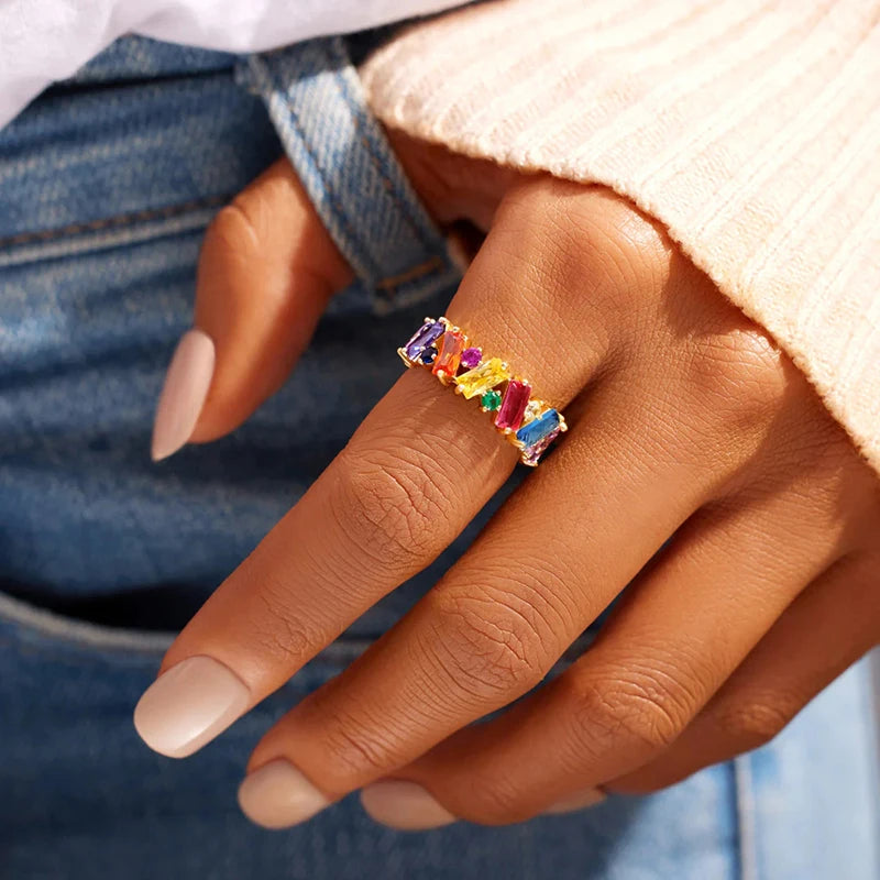 New Irregualr Design Colorful CZ Women Rings Gold Color/Silver Color Geometric CZ Rainbow Rings Luxury Trendy Exquisite Jewelry