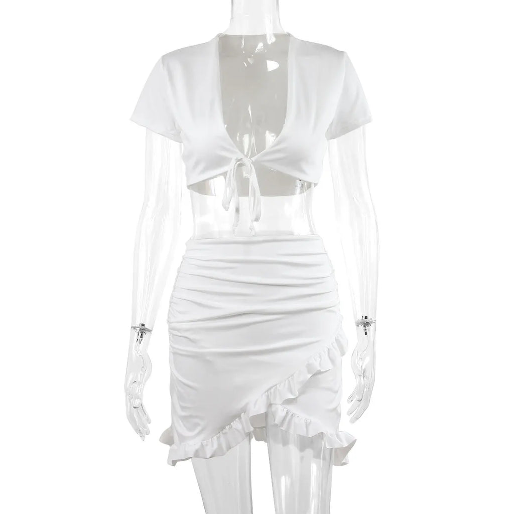 Sexy Deep V Neck Lace Up Short Sleeve Two Piece Women's Summer 2026 Ruffled Pleated Prom Bodycon Dress for Women Nightclub Dress