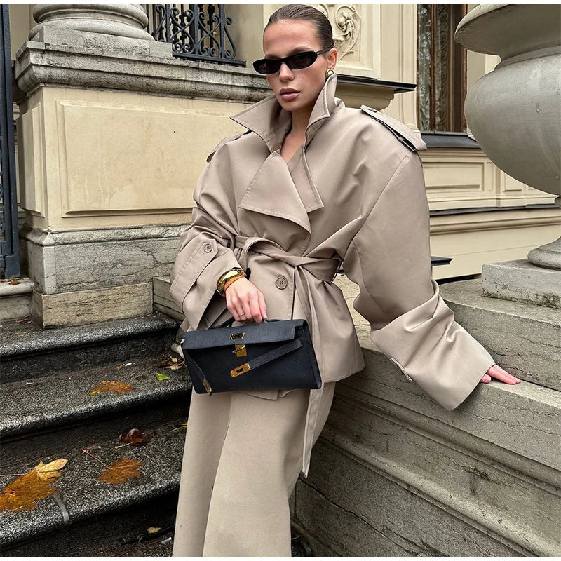 Casual Loose Jackets Women Lapel Long Sleeves Belt Double Breasted Short Windbreaker 2025 Spring Fashion Chic Streetwears Lady