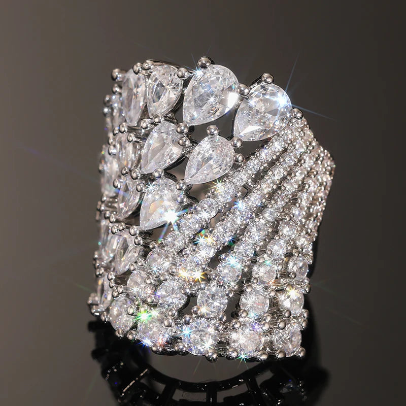 Huitan Luxury Geometric Women Ring Full Sparkling Round/Pear CZ Party Accessories Trendy Lady Noble Wedding Chic Jewelry Gift