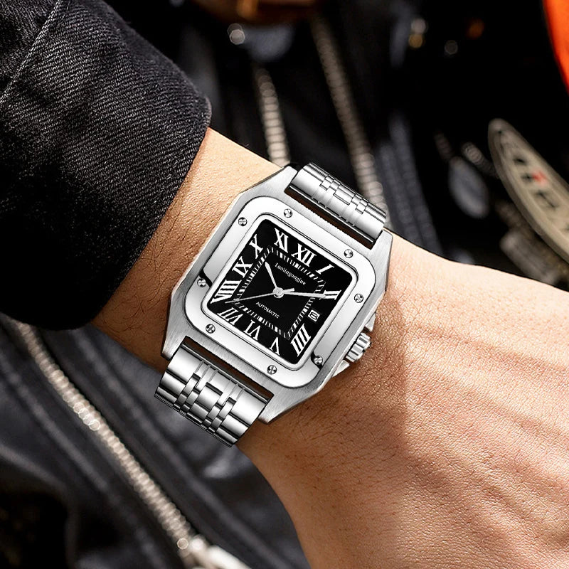 New Genuine High-Quality Square Men's Mechanical Watch, Automatic Winding, Skeleton Design, Stainless Steel Strap, with Calendar Display, European and American Style Tank Series, Fashionable Business Casual Stylish Handsome S