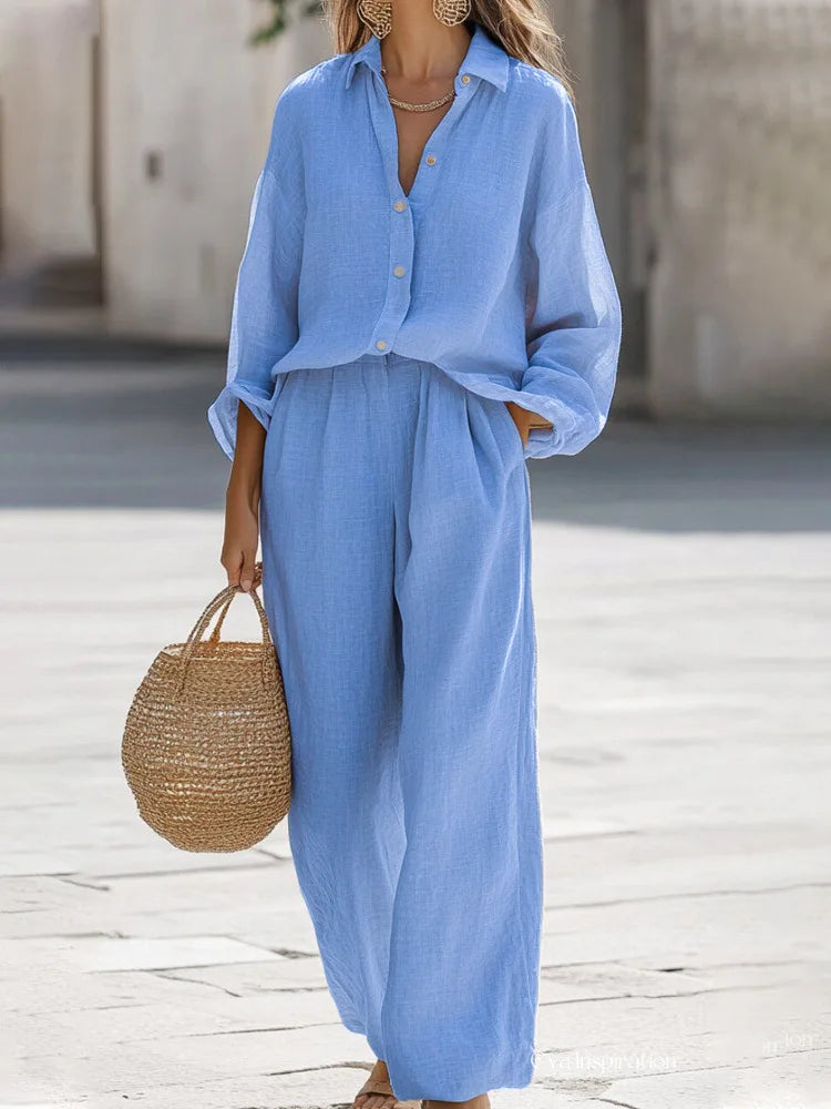 Lady Cotton Linen Shirt Pants Suits Casual Two Piece Set For Women 2025 Autumn Long Sleeve Top And Wide Leg Pants Loose Outfits
