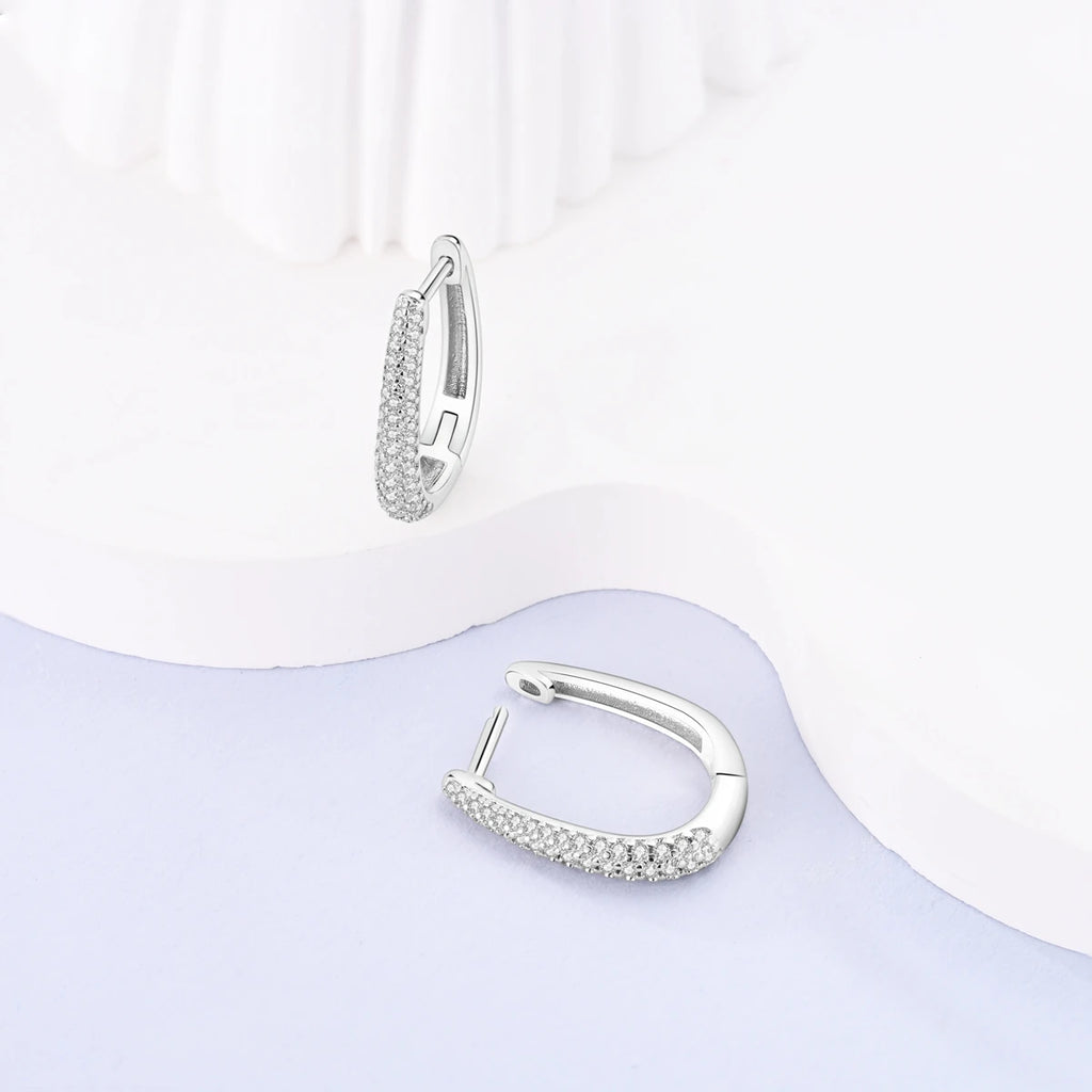 925 Sterling Silver Sparkling Long U-Shaped Hoop Earrings Double Row CZ Oval Huggie Earrings for Women Luxury Versatile Jewelry