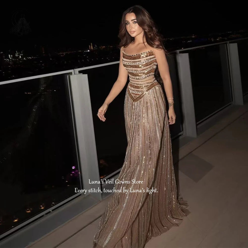 LunaV Luxury Glamorous Strapless Sweetheart Sequin Striped Beaded Tulle Mesh Sheer Design Evening Gown Prom Wedding Formal Party
