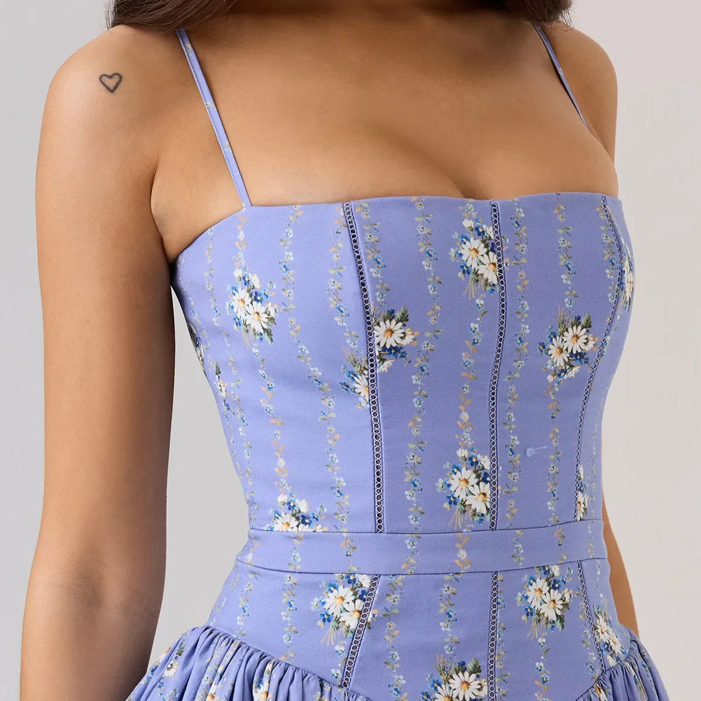 Oligai Floral Print Midi Sundress Elegant Spaghetti Strap Flowy Dress Aussie Summer Women Boho Chic Beach Dress
