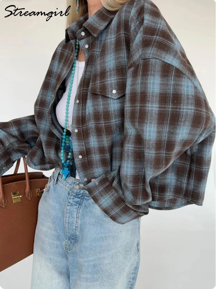 Streamgirl Oversized Plaid Shirt Women 2026 Spring Loose Vintage Long Shirts Full Sleeve Women Plaid Brown Oversized Shirt Blue