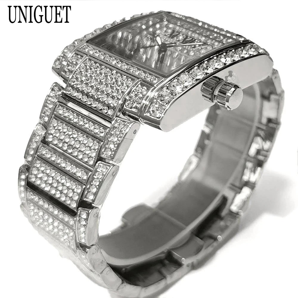 UNIGUET Iced Out Watch For Men Luxury Gold Stainless Steel Quartz Watches Hip Hop Full Diamonds Rectangle AAA Wristwatch Man