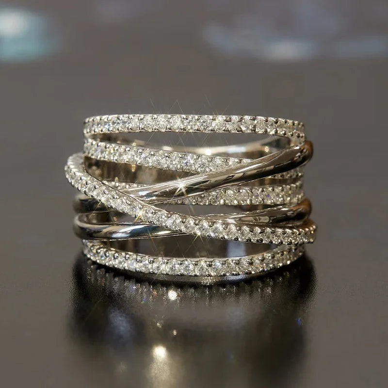 Huitan Silver Color Multi-cross Design Rings for Women Full AA Cubic Zirconia Modern Fashion Female Rings Wedding Party Jewelry