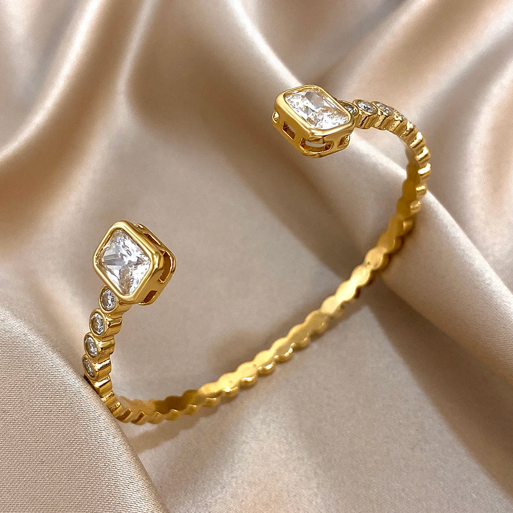 Luxury Micro Inlaid Zircon Stainless Steel Bracelet for Women Fashion Shiny Gold Silver Color Open Bangle Bracelets Jewelry Gift